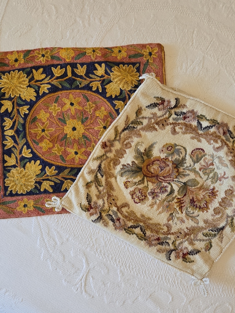 Floral Needlepoint Cushion Covers in Navy, Gold & Cream